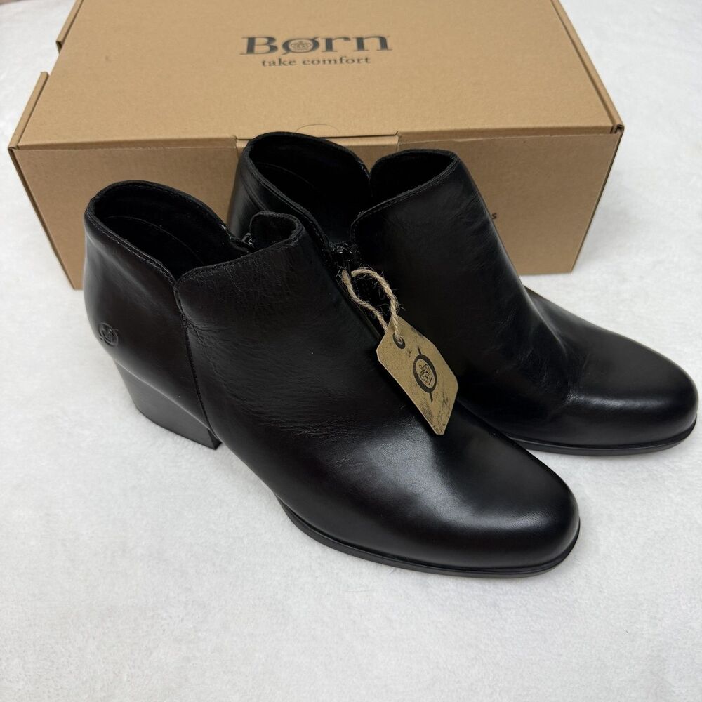 Born Boots Womens Size 10 Black Leather Kenzy Ankle Booties Side Zip Comfort